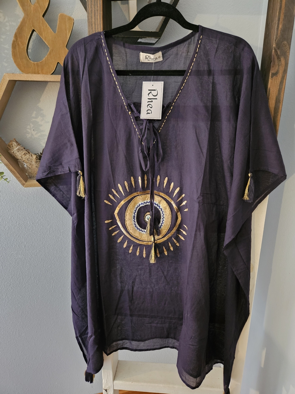NWT Rhea Evil Eye Cotton Kaftan Tunic Navy Gold Boho Coverup -OS